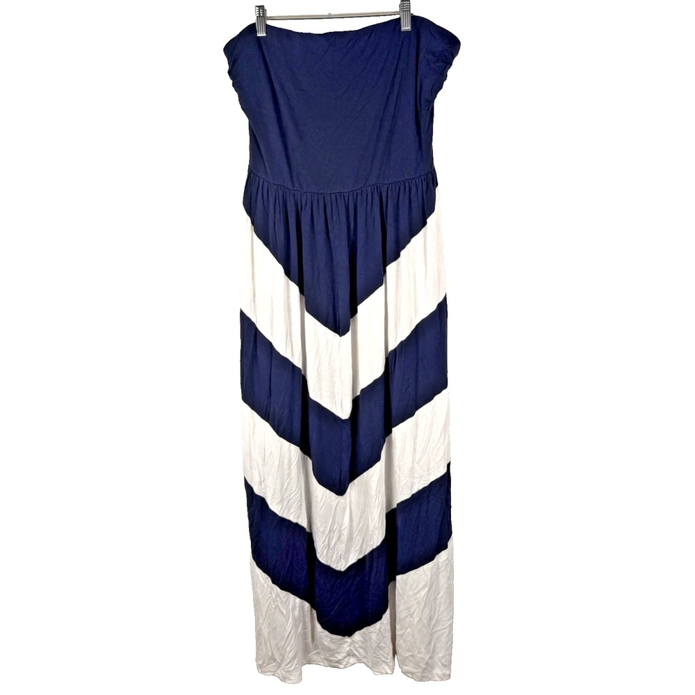 St Tropez Strapless Maxi Dress Tube Sundress Flowing‎ Chevron Blue White Sz XL